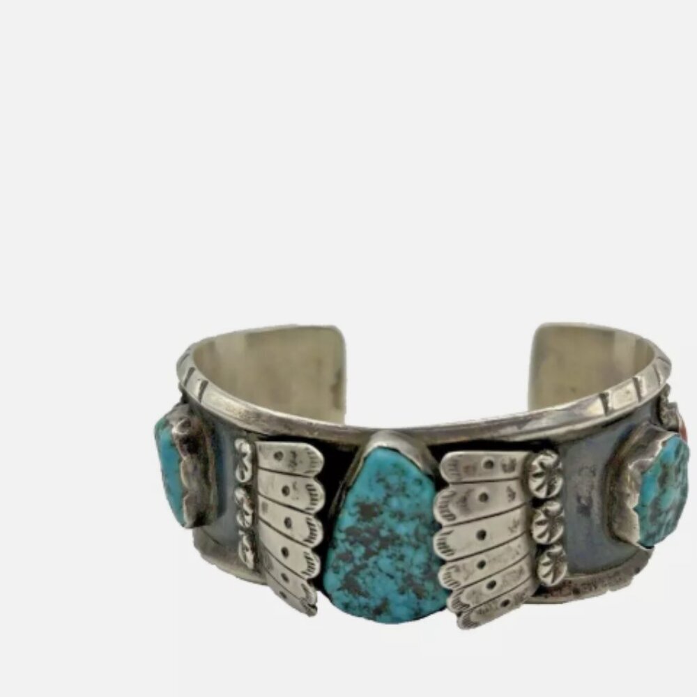 Vintage ML Native‎ American Navajo Zuni Silver Turquoise Coral Cuff Bracelet - Picture 7 of 14